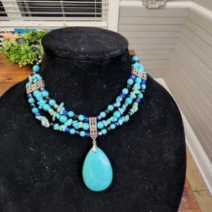 CHUNKY CENTERED FAUX TURQUOISE FAUX  PENDANT HANGS FROM THREE LAYERES OF BEADS